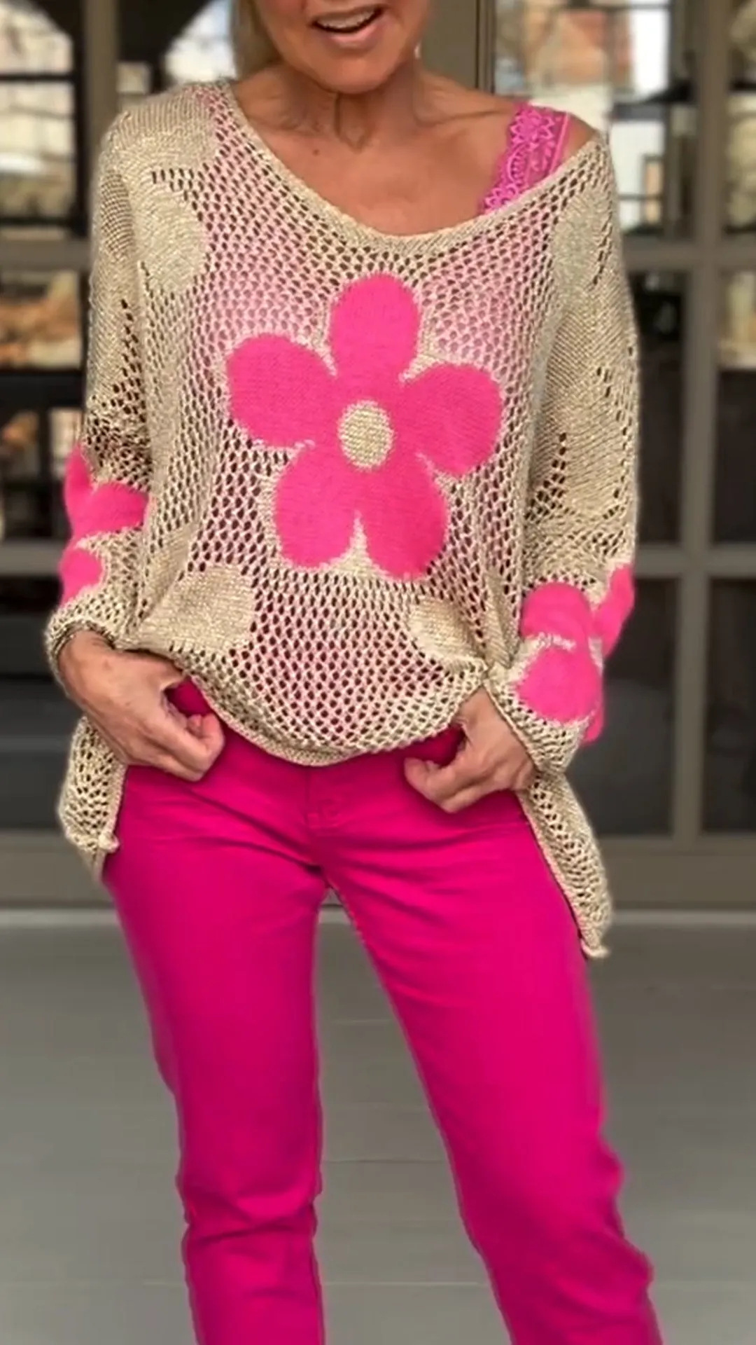 Spot 2024 Spring and Summer New Floral Knitted Hollow V-neck Shirt Flower Grid Knitted Sweater - Image 10