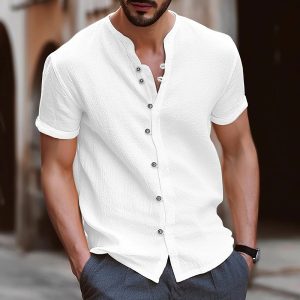 Cross-border Amazon eBay hot selling Hawaii new fashion men's retro button cotton and linen casual short-sleeved shirt