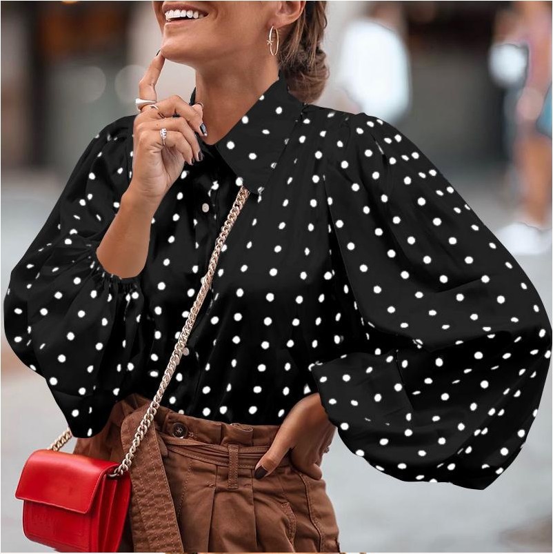 European and American style collared polka dot loose lantern sleeve chiffon blouse women's long sleeve shirt - Image 2
