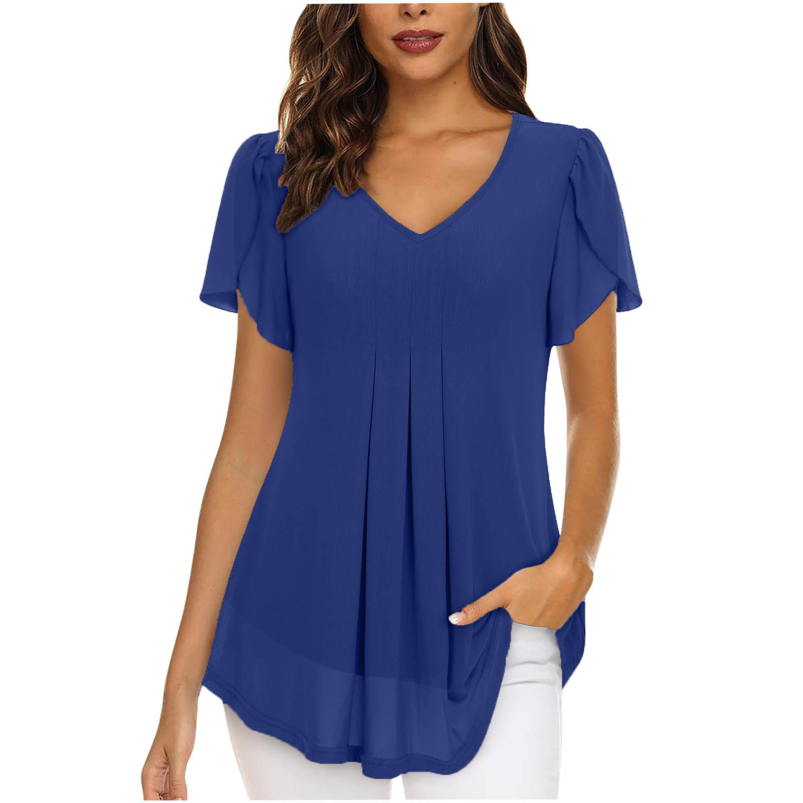 2023 European and American style women's chiffon blouse with petal-shaped short sleeves, waist-cinching top, summer casual T-shirt with pleats - Image 6