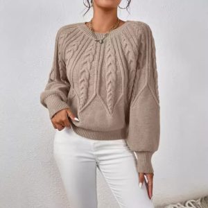Amazon pullover crew neck knit sweater, cross-border foreign trade, long-sleeved cable knit solid color autumn and winter versatile knit top for women