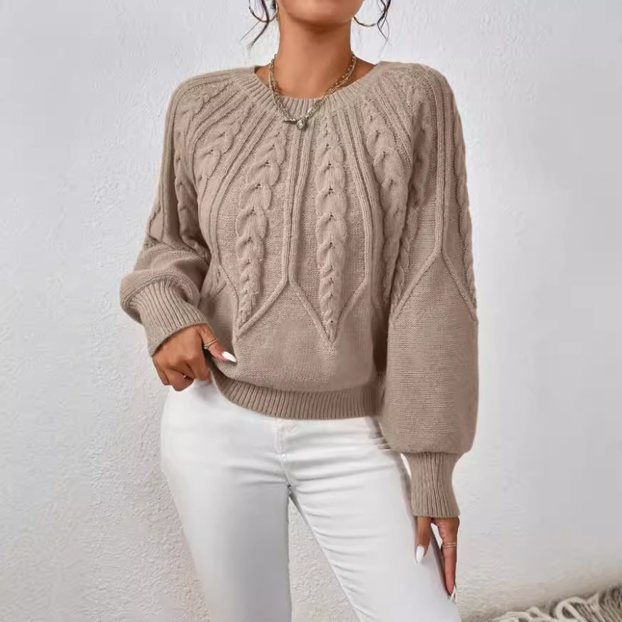 Amazon pullover crew neck knit sweater, cross-border foreign trade, long-sleeved cable knit solid color autumn and winter versatile knit top for women
