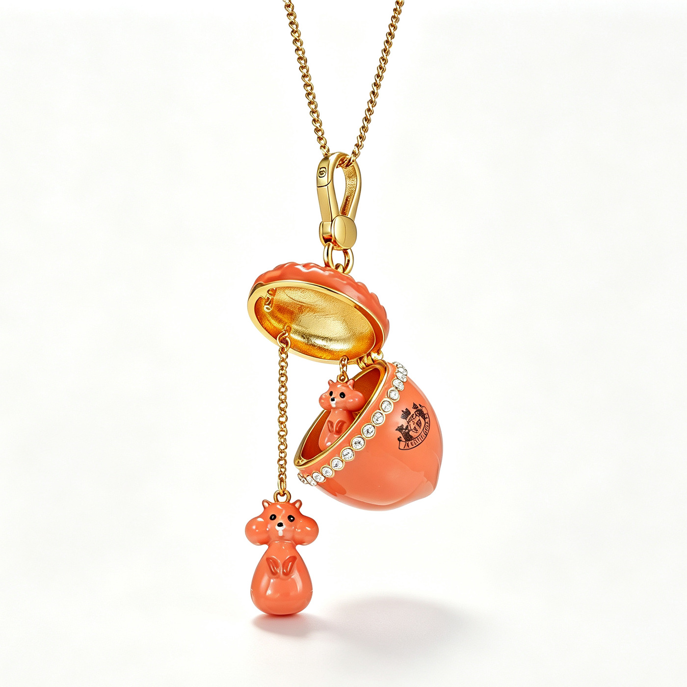 Original 3D diamond-encrusted enamel orange nut pendant design with openable squirrel and acorn clavicle chain - Image 4