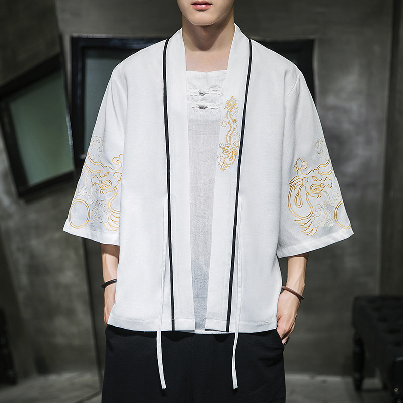 AliExpress new Chinese style round dragon embroidery three-quarter sleeve cardigan Hanfu sunscreen clothing men's Japanese loose jacket men - Image 6