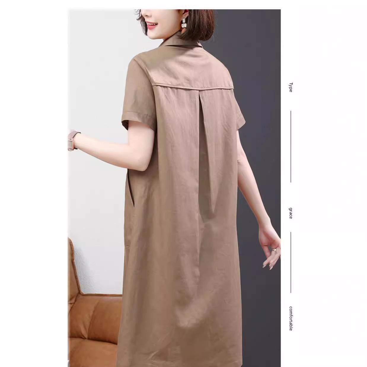 Women's summer cotton and linen dress, A-line, slimming, 2026 new casual straight high-end linen shirt dress for mothers. - Image 4