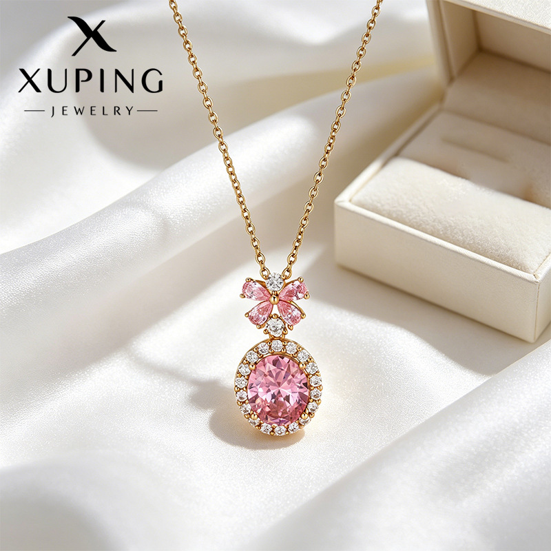Xuping Gemstone Series Geometric Oval Butterfly Necklace, 18k Gold Plated Copper Alloy, Vintage Elegant and Light Luxury Necklace for Women