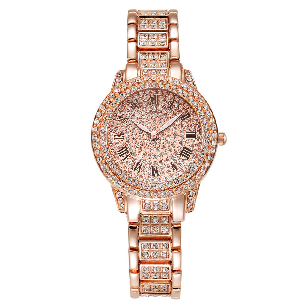 Roman literal steel belt watch full of diamonds starry temperament business quartz watch hip-hop style full diamond bracelet set - Image 2