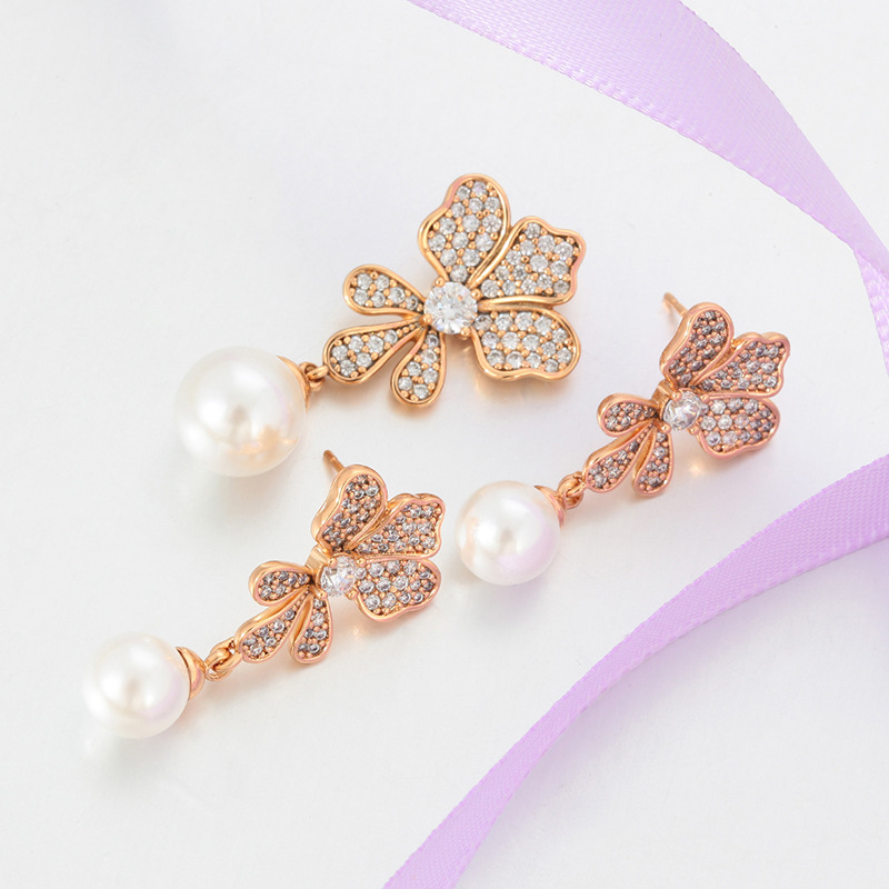Xuping Niche Retro Style Earrings Pendant Jewelry Set, Copper Alloy Imitation Pearl Flower Tassel Jewelry Wholesale for Women - Image 2