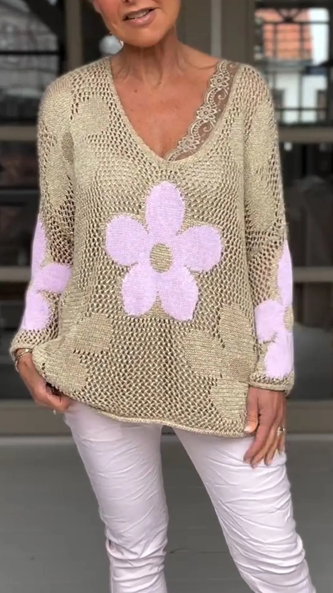 Spot 2024 Spring and Summer New Floral Knitted Hollow V-neck Shirt Flower Grid Knitted Sweater - Image 9