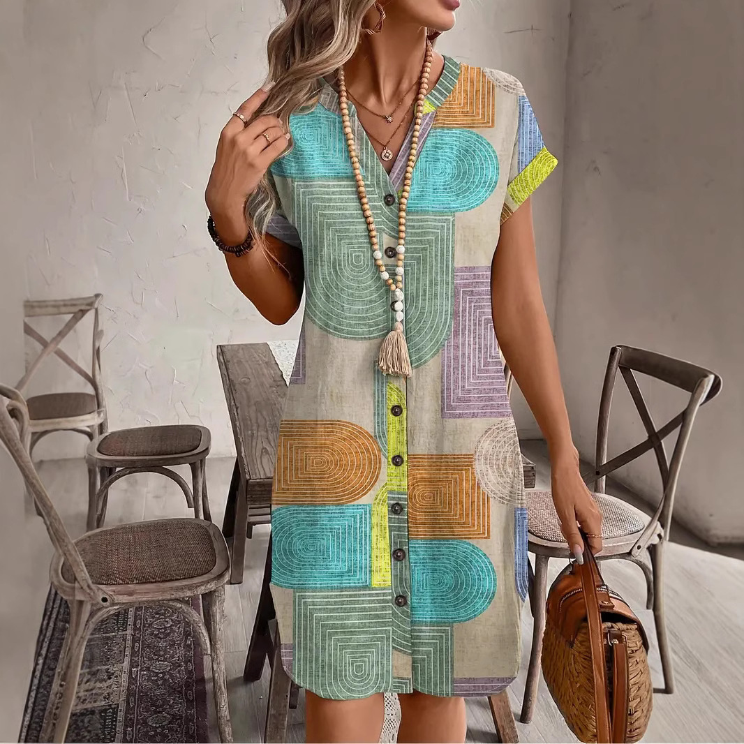 2026 European and American style women's clothing, export, Amazon summer printed elegant V-neck button dress, independent website. - Image 4