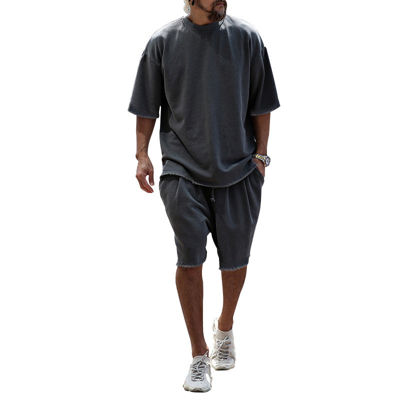 2025 Export Hot Selling Summer Solid Color Sports Suit Casual Loose Short-Sleeve Shorts European and American Trendy Fashion Men's Clothing - Image 12