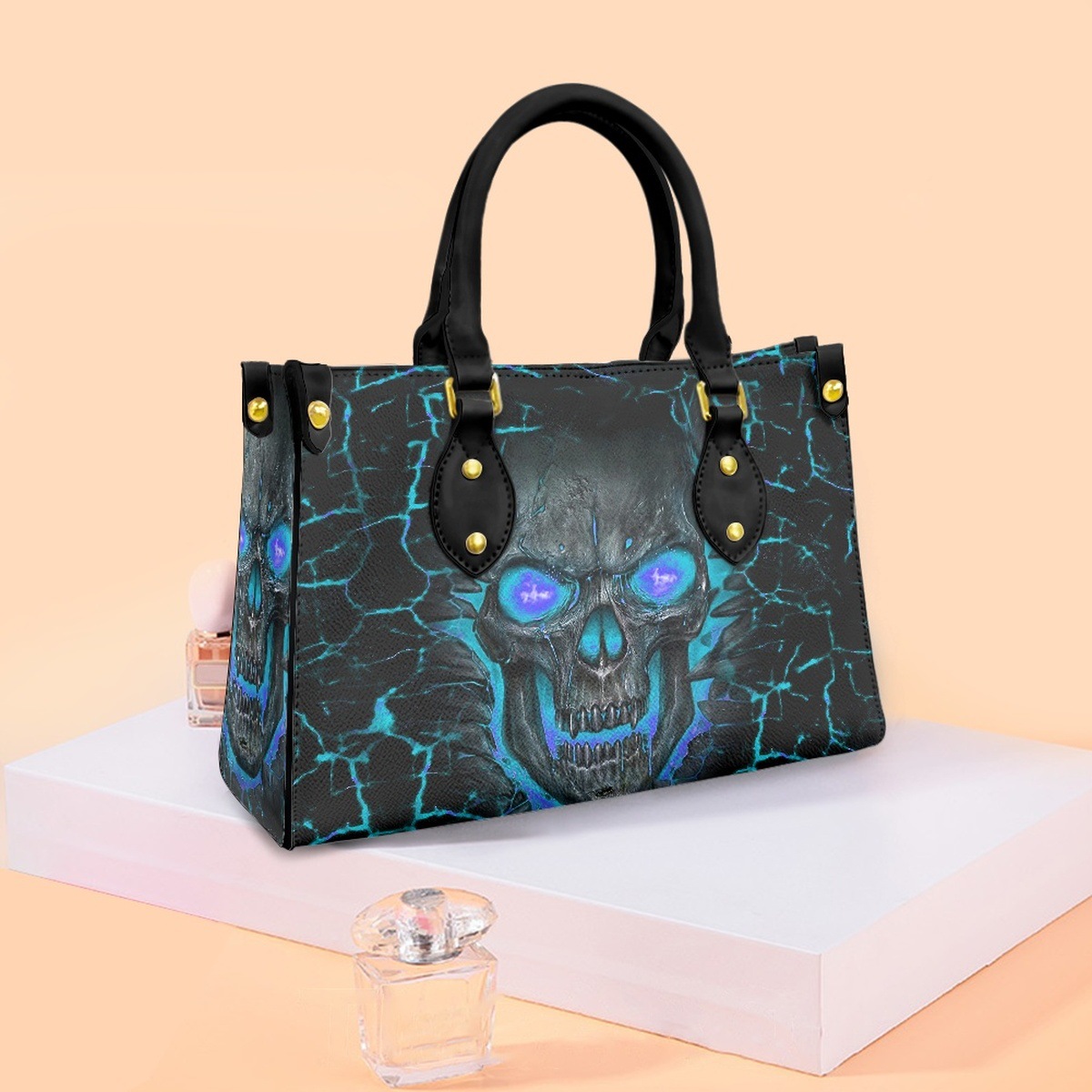 Women's bag cross-border independent station trendy skull print bag fashionable and generous ladies PU hand carry light commuter bag - Image 4