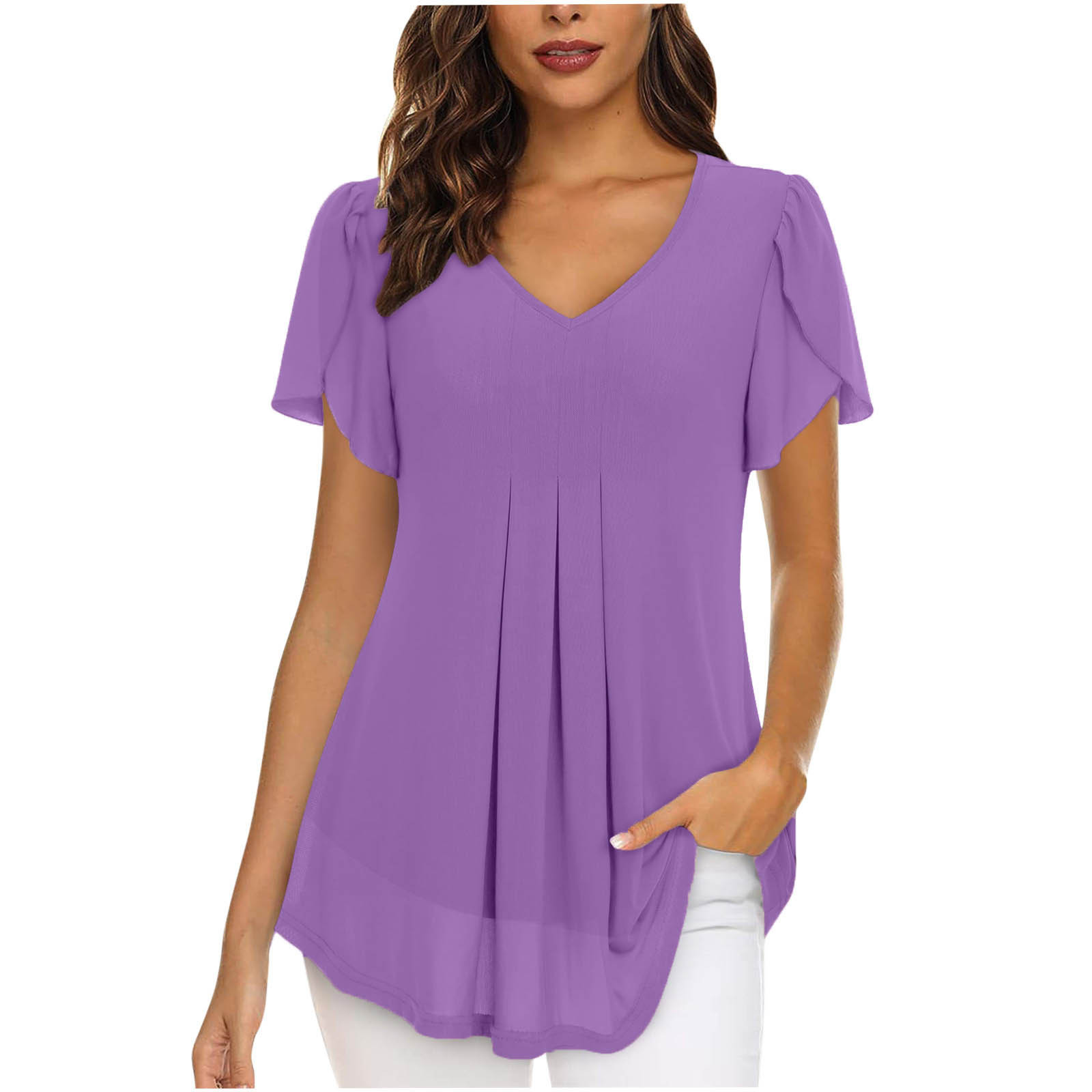 2023 European and American style women's chiffon blouse with petal-shaped short sleeves, waist-cinching top, summer casual T-shirt with pleats - Image 7