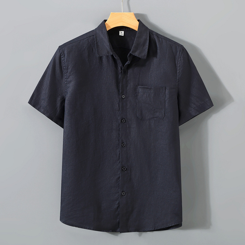 Summer linen short-sleeved shirt for middle-aged men's business casual pure linen pocket shirt loose cardigan half-sleeved linen clothing - Image 23