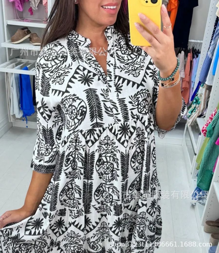 2024 Summer Amazon Independent Station New Women's Shirt Seaside Vacation Digital Positioning Printing Mid-Sleeve Dress - Image 5