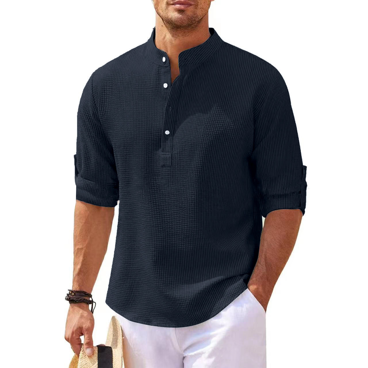 European and American style men's long-sleeved shirts, stand-up collar, half-button shirts, pineapple plaid shirts, men's casual shirts, wholesale. - Image 13