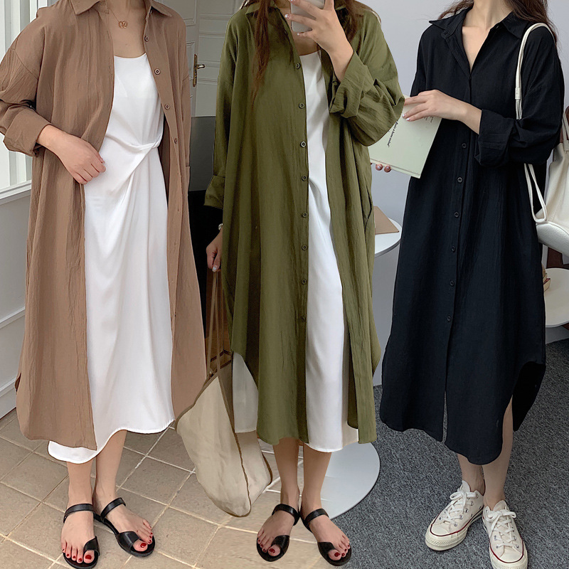 2025 Korean chic, relaxed style, simple basic comfortable long over-the-knee shirt, trench coat, jacket, shirt. - Image 2