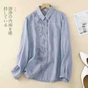 Women's Long-Sleeve Cotton-Linen Shirt with Embroidery