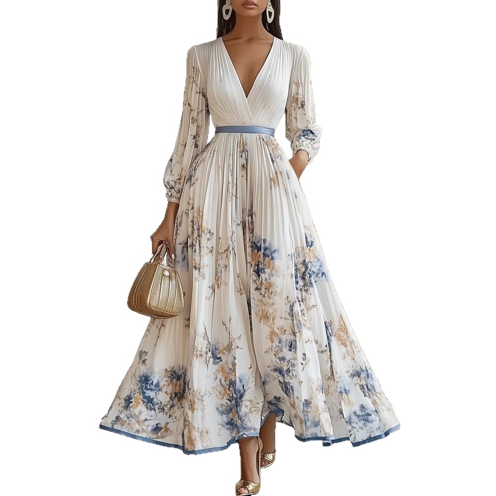 2025 European and American export women's clothing hot-selling long-sleeved printed short-sleeved resort dress, mid-length coat dress. - Image 5