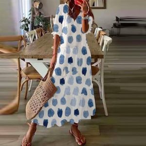 Women's Bohemian V-Neck Printed Long-Sleeve Dress