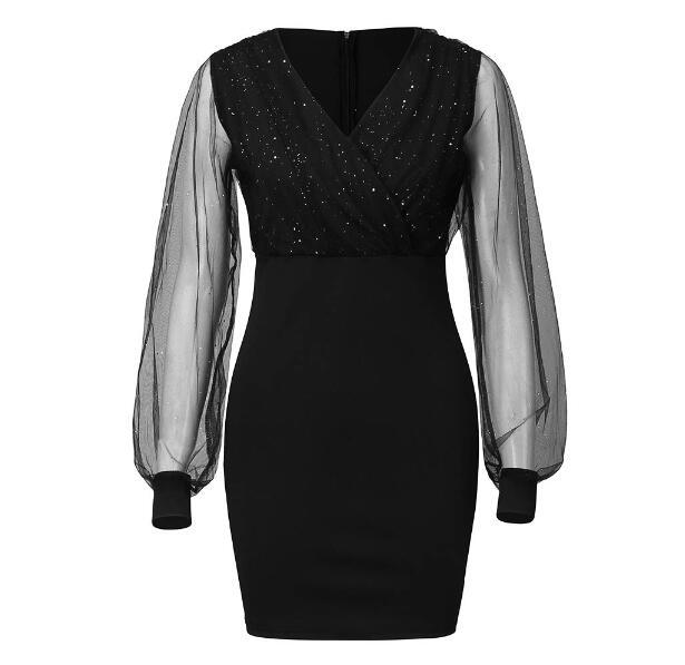 2022 European and American mesh V-neck sequined dress slim sexy dress ready for sale 0.22g - Image 18