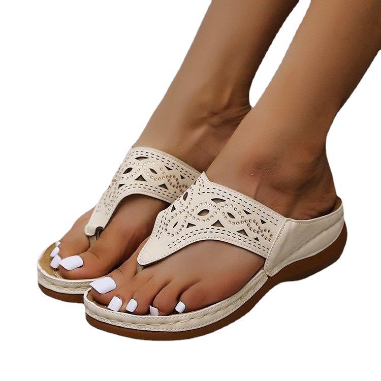 2021 summer European and American cross-border large size hollow rhinestone thick-soled thong sandals and slippers for women - Image 8