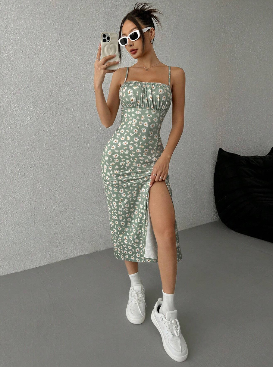2025 New Foreign Trade Amazon Spring/Summer Camisole Strapless Slit Daisy Bodycon Print Midi Dress for Women - Image 18