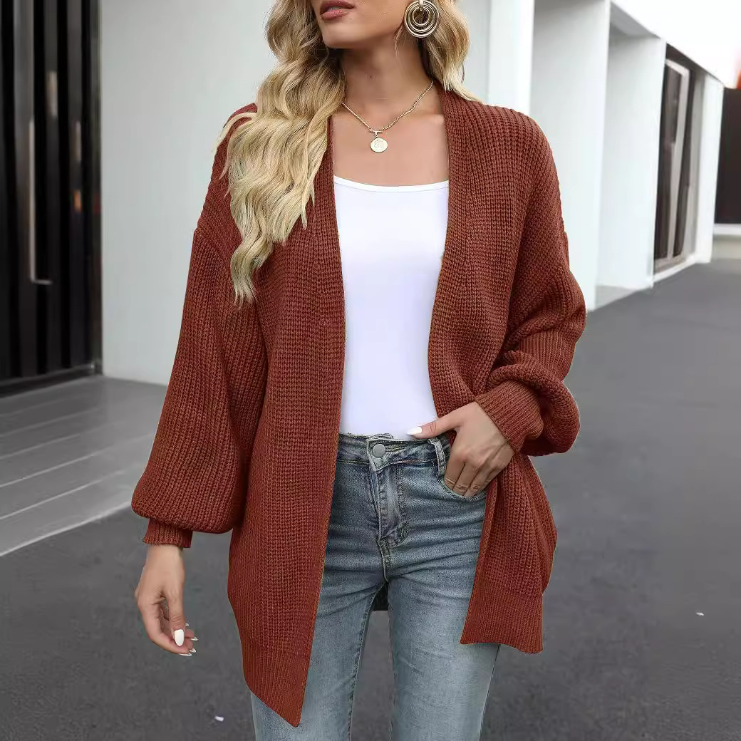 Amazon export women's lantern sleeve chunky knit cardigan 2026 autumn and winter new pocket knit sweater women's coat
