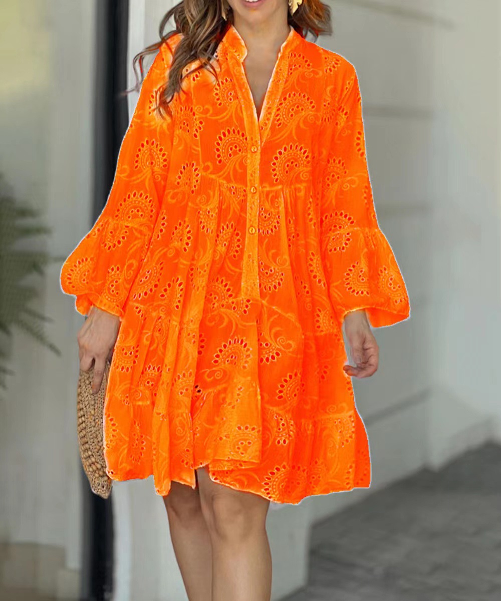 Spot 2023 European and American cross-border spring and summer Amazon solid color V-neck loose embroidery hollow lace dress - Image 8