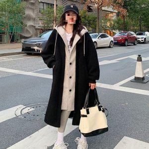 New autumn/winter long hooded coat for women, versatile loose-fitting fleece-lined sweatshirt, Korean style chic trendy coat.