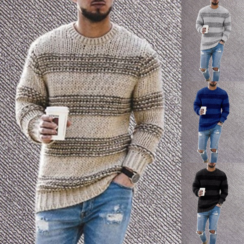 2023 foreign trade cross-border ebay Amazon sweater men's striped casual sweater autumn and winter fashion round neck knitted top - Image 3