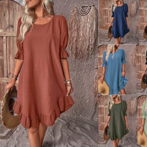 2024 Spring and Summer European and American cross-border TEMU women's retro cotton and linen mid-sleeve round neck solid color loose swing dress