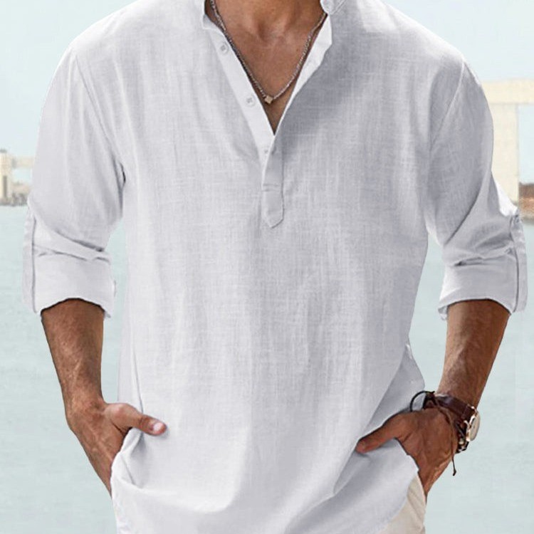 Summer New Casual Men's Loose Fit Stand Collar Sports Solid Color Long Sleeve Pure Cotton Shirt Plus Size Available - Image 17