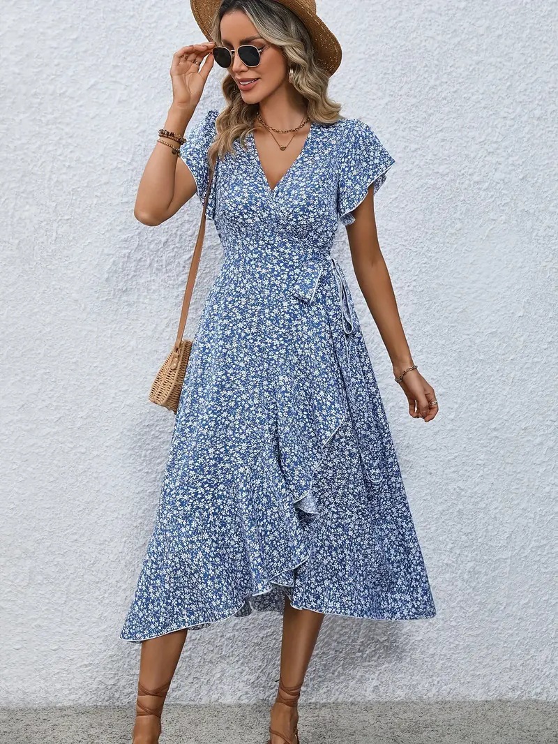Independent Amazon cross-border e-commerce platform, floral print V-neck cardigan with tie-up short sleeves, bohemian style, full skirt, vacation dress - Image 6