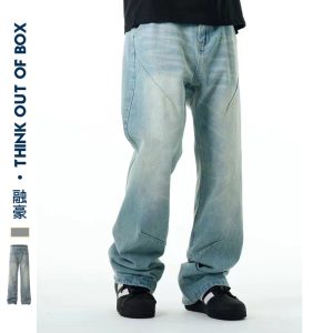 Washed distressed casual jeans straight loose fit 2024 summer thin simple style blue trousers spot delivery