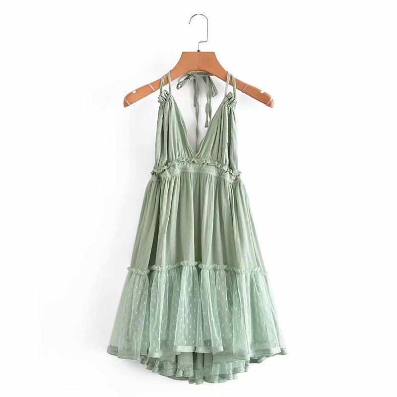 Foreign Trade 2022 Summer New European and American V-neck Waist Slim Hem Mesh Stitching Backless Suspender Dress Women - Image 14