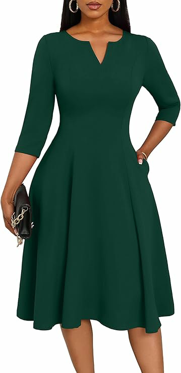 Amazon Midi Dress, Fitted Flare Dress, Three-Quarter Sleeve Wedding Guest Dress - Image 7
