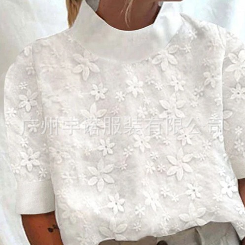 Amazon, Wish, AliExpress 2023 New European and American Style Cotton Linen Embroidered Collar Short-Sleeve Shirt, In Stock - Image 5