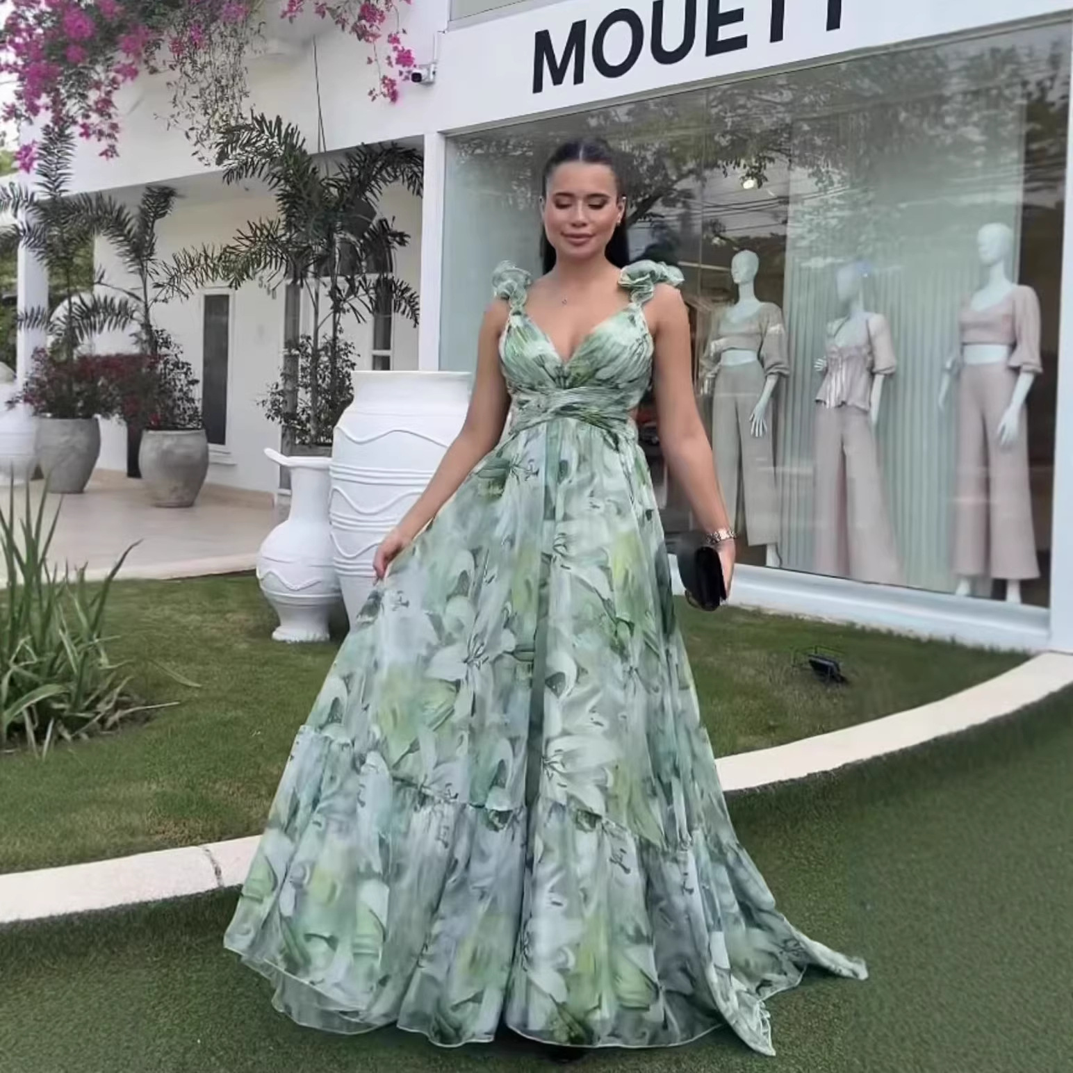 New European and American cross-border trade fashion printed back tie dress, waist-revealing lace-up slim-fitting elegant long dress - Image 3