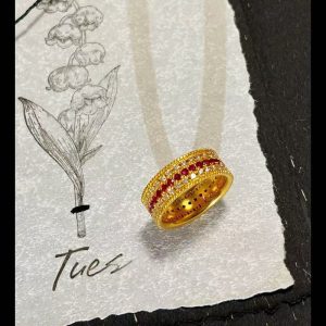 18k gold three-row star ring au750 gold light luxury inlaid ruby rose moissanite female ring jewelry