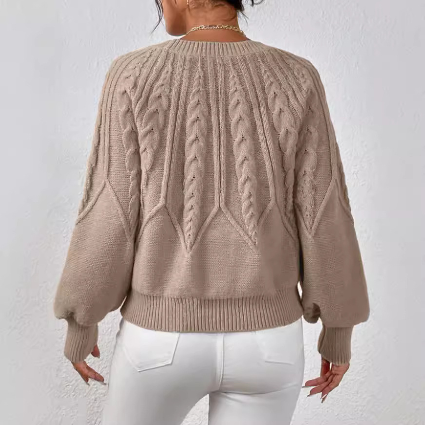 Amazon pullover crew neck knit sweater, cross-border foreign trade, long-sleeved cable knit solid color autumn and winter versatile knit top for women - Image 2
