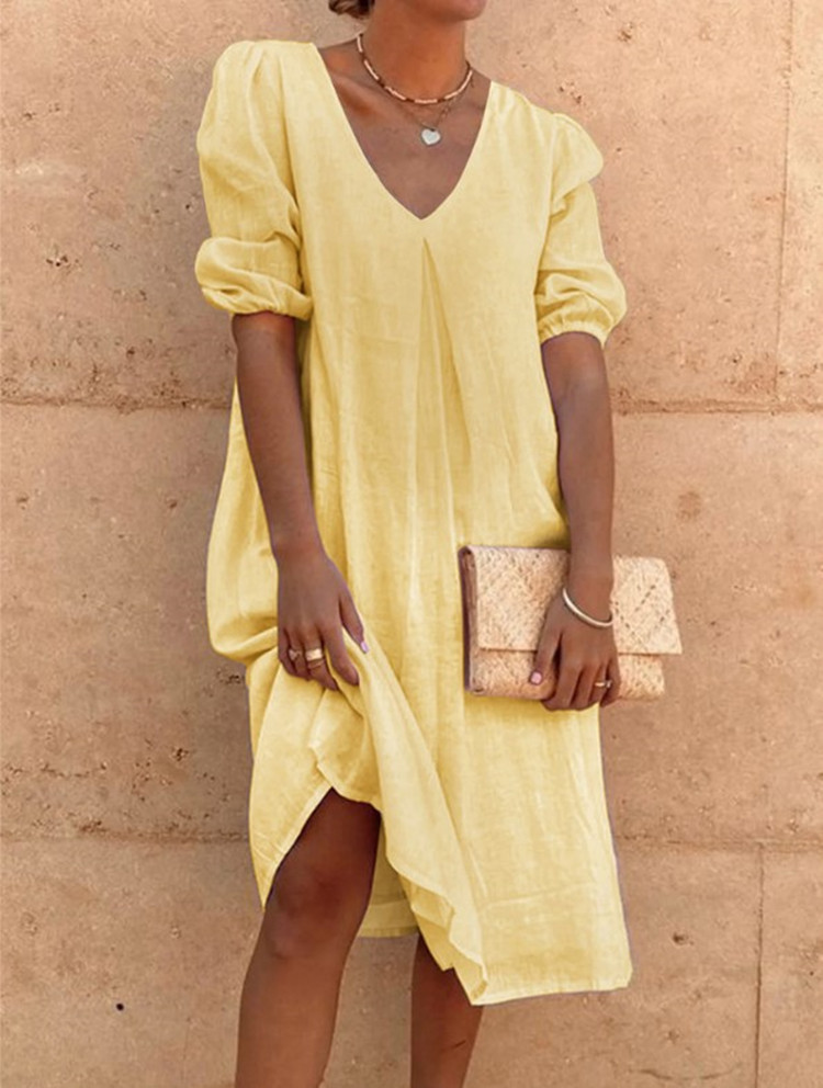 2024 Amazon Wish Cotton Linen Solid Color Mid-Length Sleeve Casual Mid-Length Dress, Elegant Commuter Style, Full Swing - Image 8