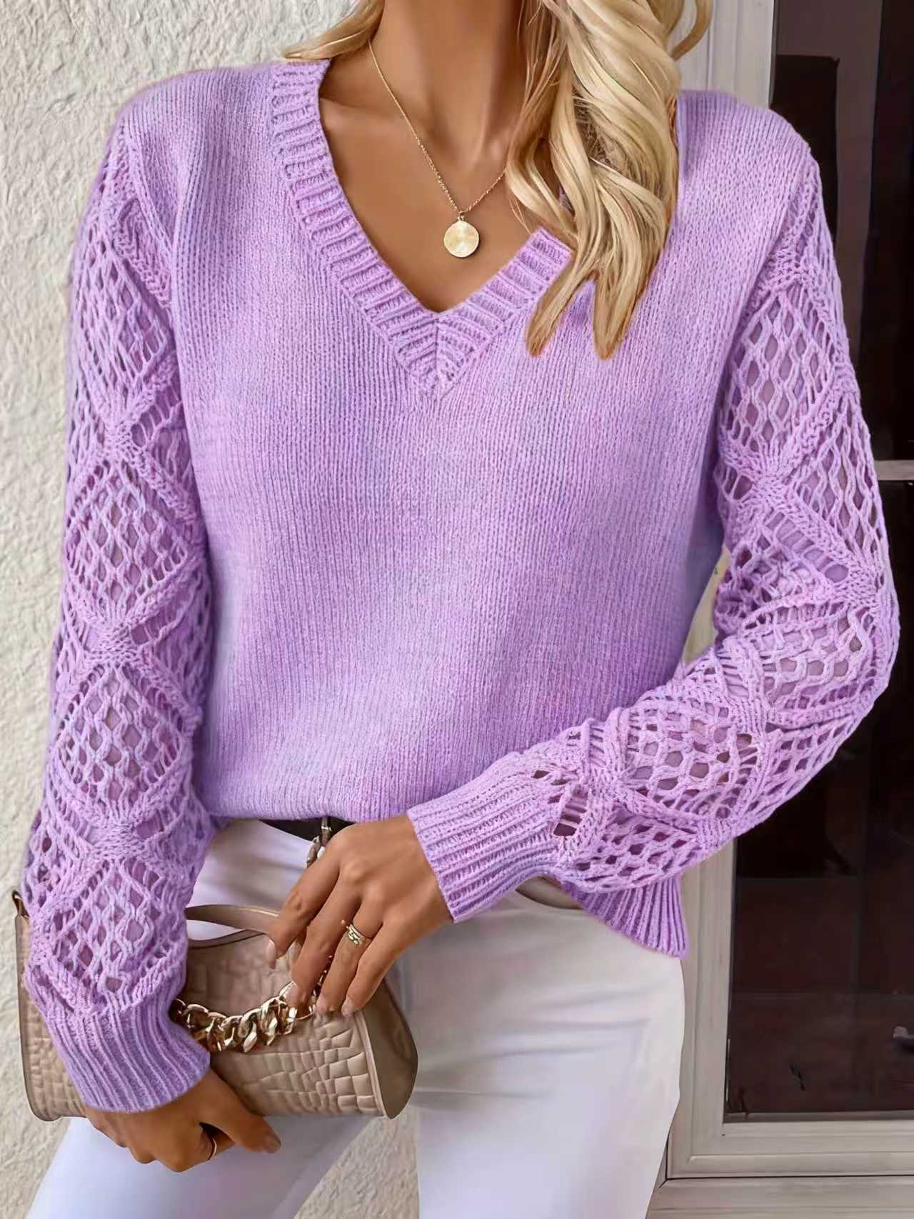 Spring and Autumn Outerwear Hollow-out Knit Sweater Women's Pullover Long Sleeve Crochet Jacquard Loose V-neck Base Top Cross-border - Image 38