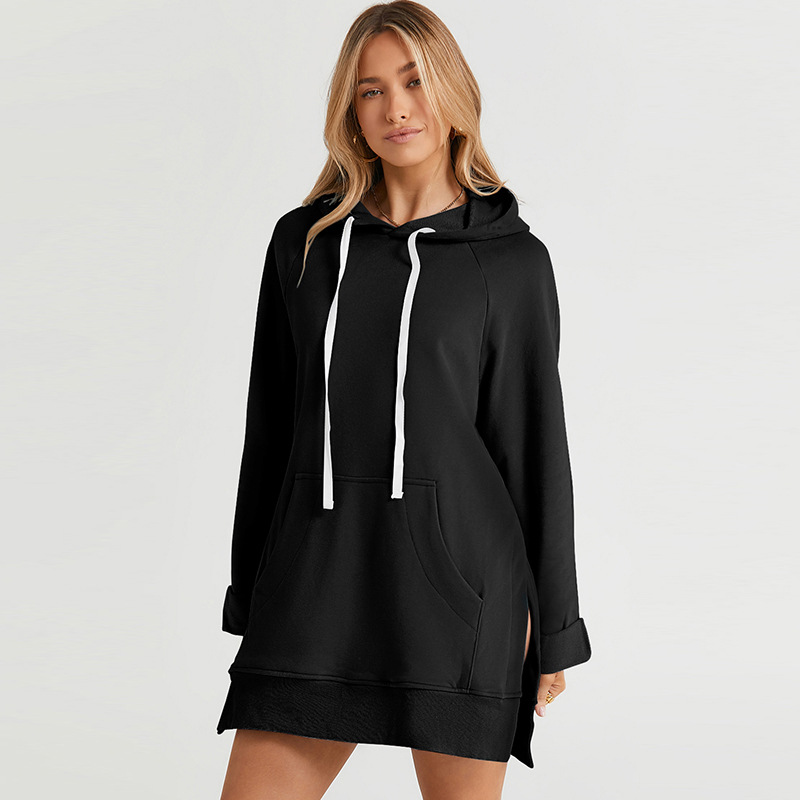 European and American fashion women's autumn and winter new solid color drawstring hooded sweatshirt women's mid-length loose slit top for women - Image 2