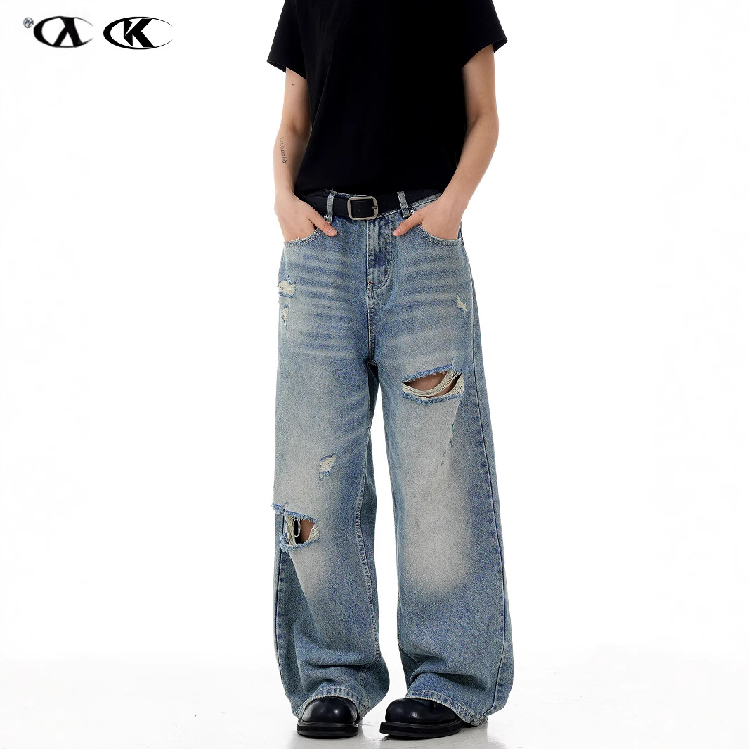 11KN American Retro Washed Blue Straight Leg Ripped Jeans, Unisex, Loose Fit, Slimming A-line Wide Leg Casual Pants - Image 4