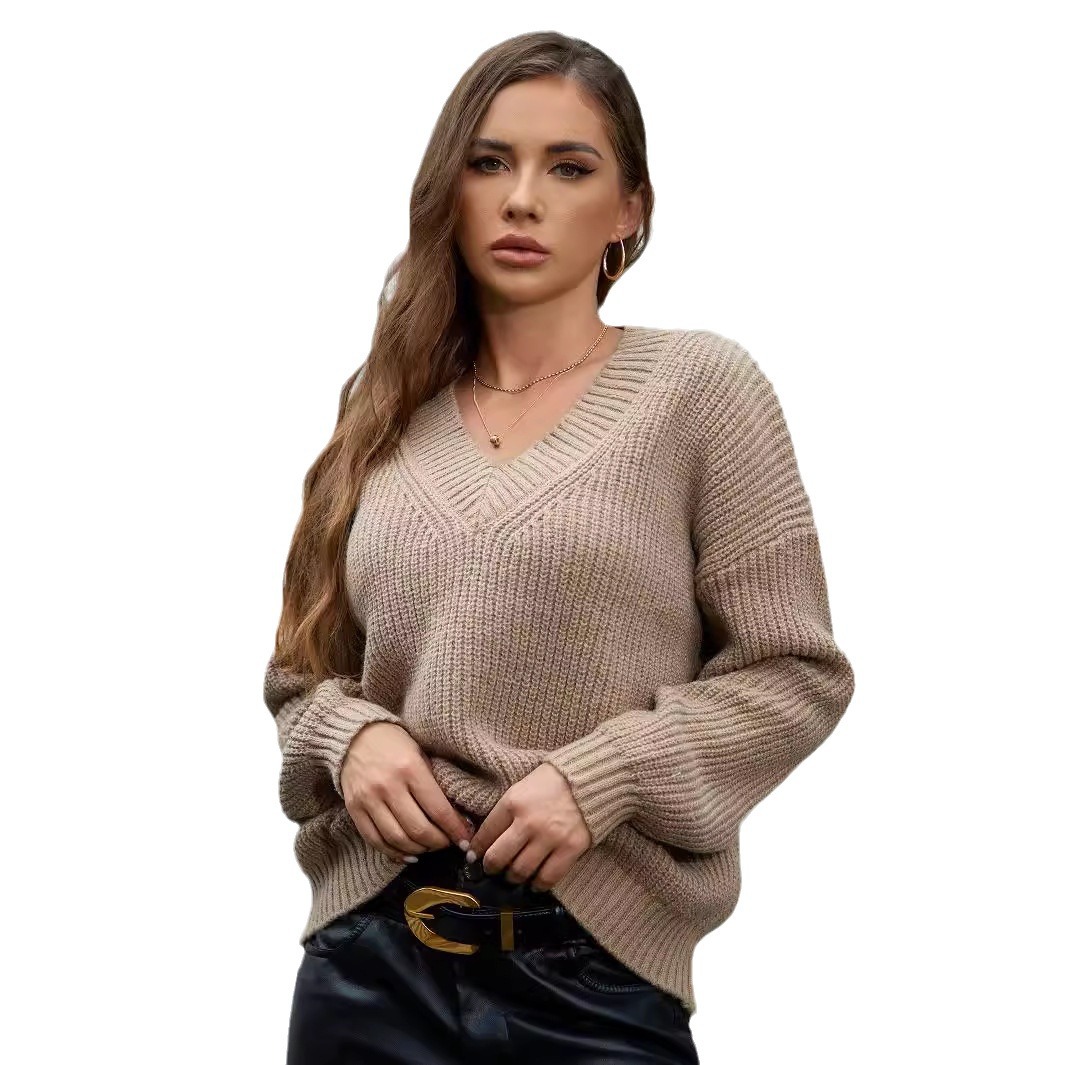 Amazon-style V-neck pullover long-sleeved sweater, cross-border foreign trade women's clothing, fashionable solid color, versatile knitted top. - Image 5