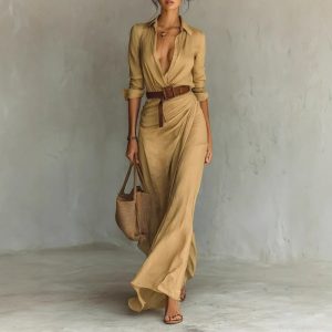 Women's Solid-Color Irregular Pleated Dress with Waistband