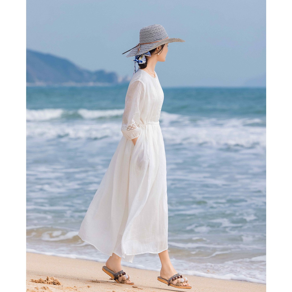 2024 Spring/Summer New Arrival: White Flowy Linen Lace-Trimmed Lantern Sleeve Tie-Waist Slimming Dress - Image 5