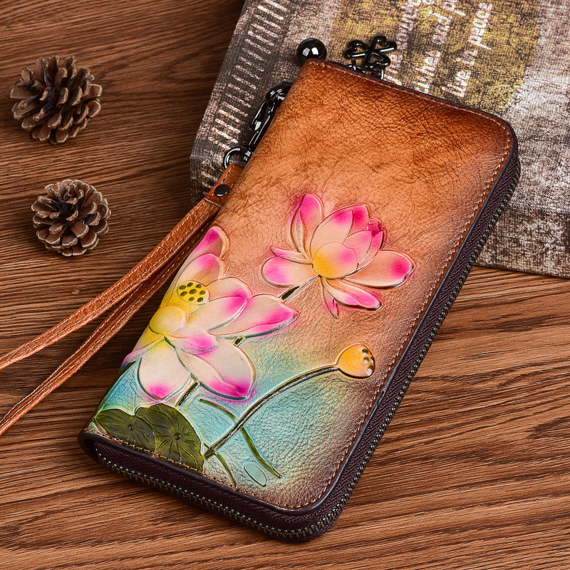 Wallet women Chinese style long small hand bag first layer cowhide zipper mobile phone bag embossed retro color coin purse - Image 2