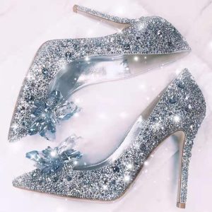 Lin Chiling star with the same Cinderella crystal shoes women's 2021 early spring new pointed toe stiletto bridal high-heeled wedding shoes